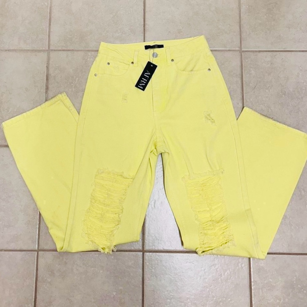 AFRM Oden Distressed High Waist Wide Leg Jeans Neon Yellow,‎ 26